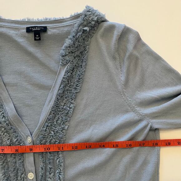 Talbots Cardigan Womens M Silk Blend Fringe Trim Pastel Blue Coquette Office - Picture 10 of 11